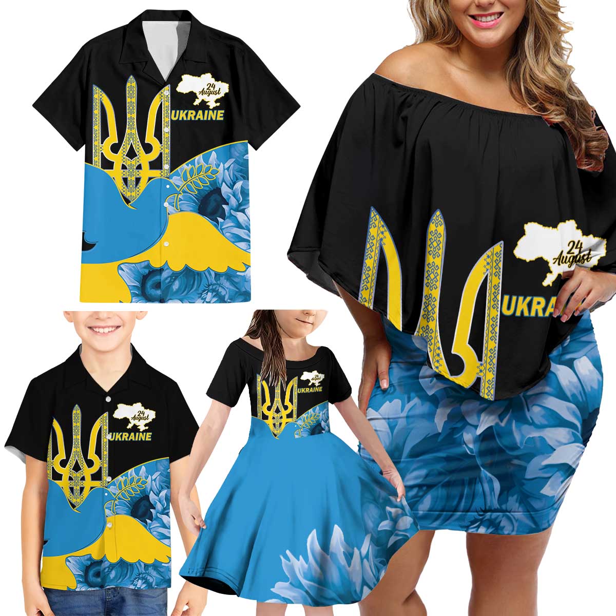 Ukraine Independence Day Family Matching Off Shoulder Short Dress and Hawaiian Shirt Slava Ukraini Ukrainian Trident With Sunflowers - Wonder Print Shop