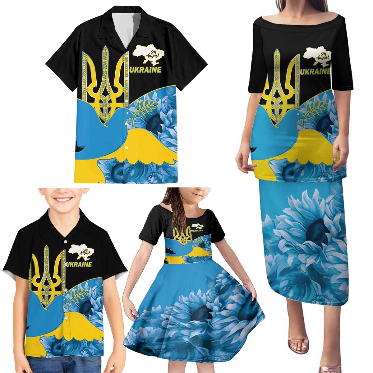 Ukraine Independence Day Family Matching Puletasi and Hawaiian Shirt Slava Ukraini Ukrainian Trident With Sunflowers - Wonder Print Shop