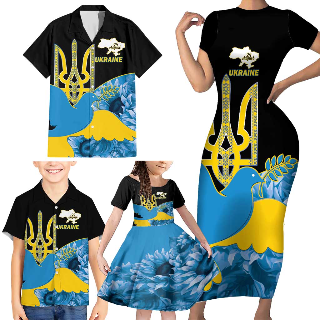 Ukraine Independence Day Family Matching Short Sleeve Bodycon Dress and Hawaiian Shirt Slava Ukraini Ukrainian Trident With Sunflowers - Wonder Print Shop