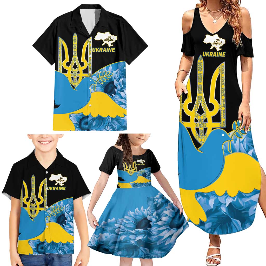 Ukraine Independence Day Family Matching Summer Maxi Dress and Hawaiian Shirt Slava Ukraini Ukrainian Trident With Sunflowers - Wonder Print Shop