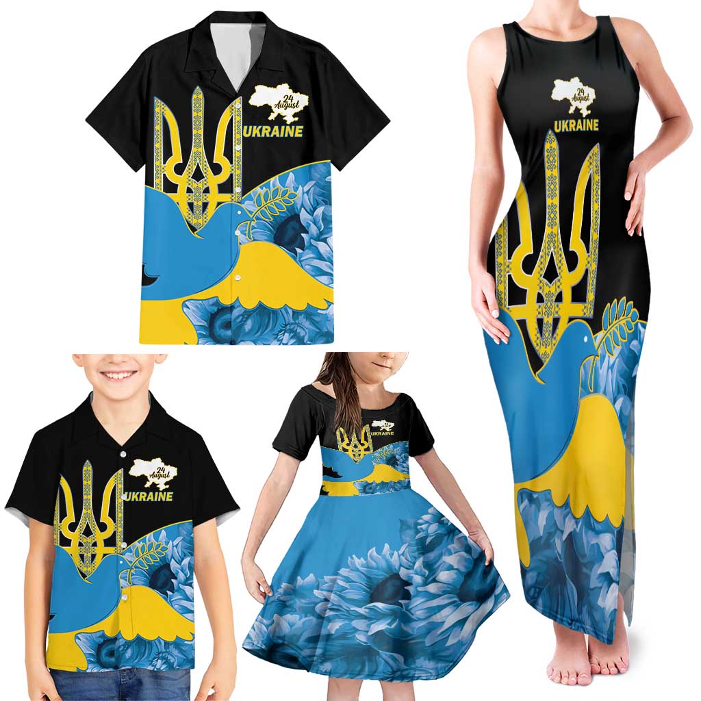 Ukraine Independence Day Family Matching Tank Maxi Dress and Hawaiian Shirt Slava Ukraini Ukrainian Trident With Sunflowers - Wonder Print Shop