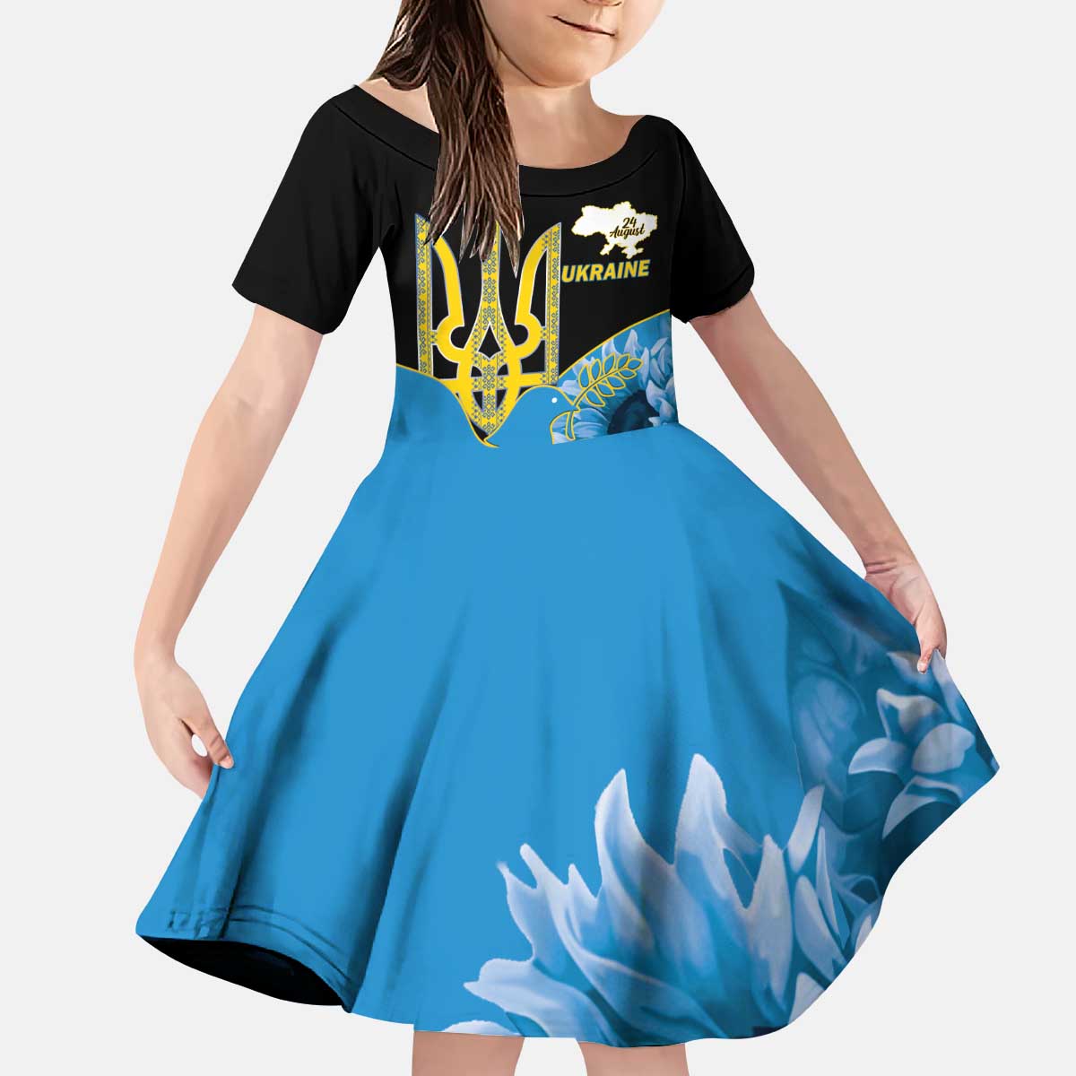 Ukraine Independence Day Kid Short Sleeve Dress Slava Ukraini Ukrainian Trident With Sunflowers - Wonder Print Shop