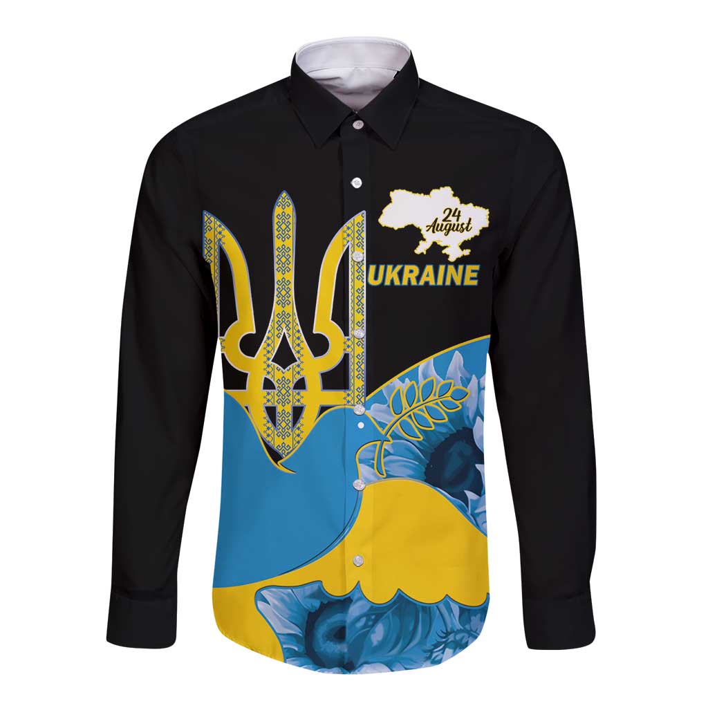 Unisex black long-sleeve button shirt with front trident and UKRAINE date print