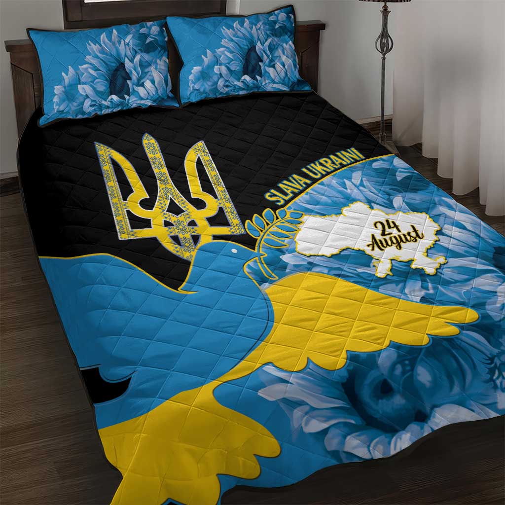 Ukraine Independence Day Quilt Bed Set Slava Ukraini Ukrainian Trident With Sunflowers - Wonder Print Shop