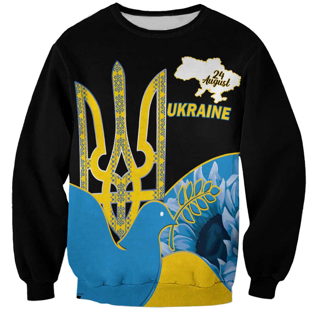 Black crewneck sweatshirt with gold trident, Ukraine text and August 24 graphic