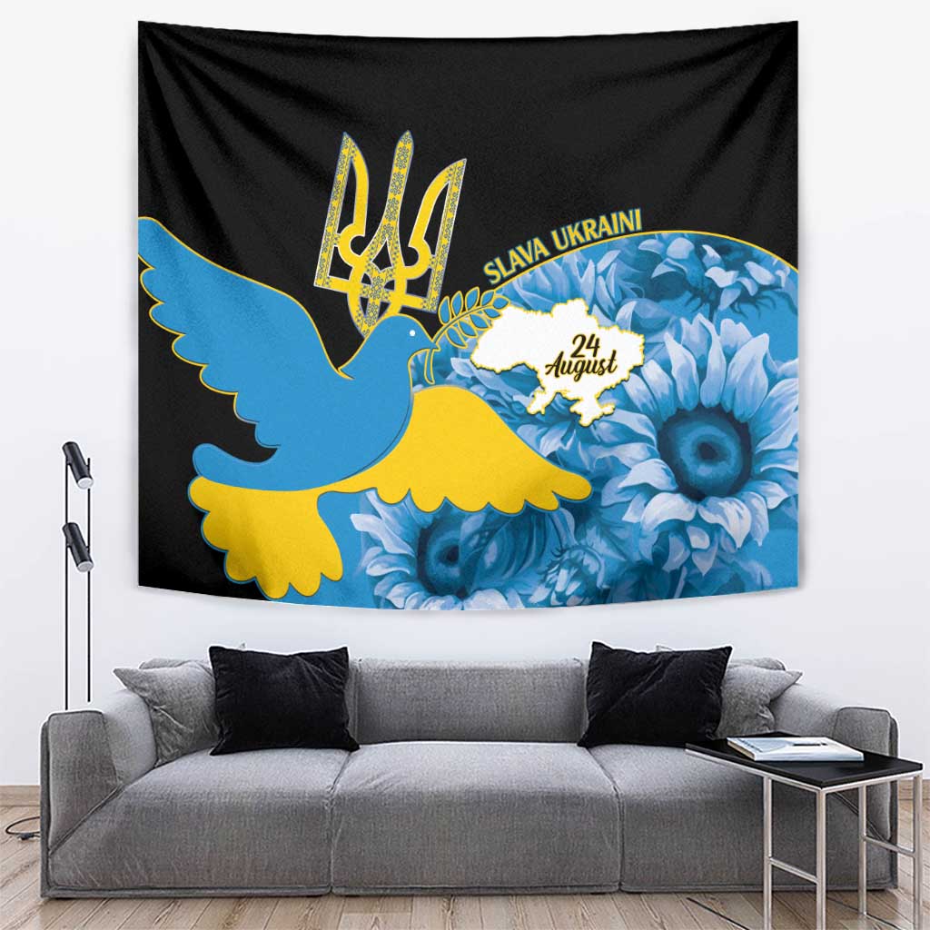Black decorative tapestry with blue dove, yellow trident emblem, and blue sunflower design