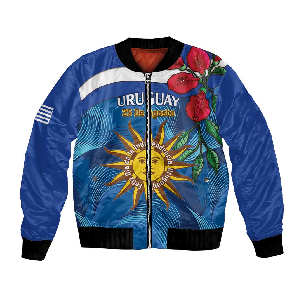 Blue bomber jacket with front zipper, Uruguay crest and floral graphic, black ribbed cuffs