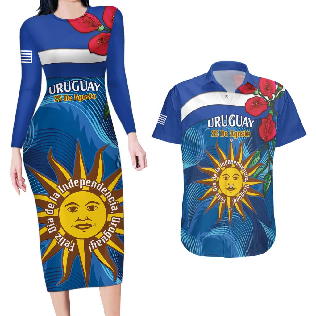 Uruguay Independence Day Couples Matching Long Sleeve Bodycon Dress and Hawaiian Shirt 25 De Agosto Coat Of Arms With Ceibo - Wonder Print Shop