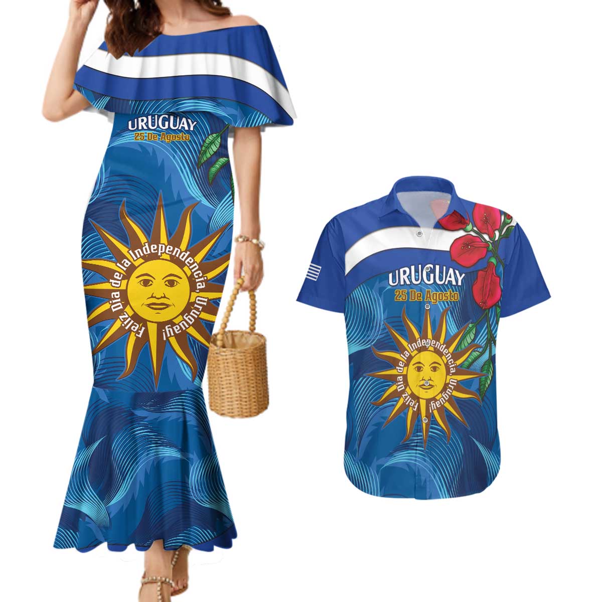 Uruguay Independence Day Couples Matching Mermaid Dress and Hawaiian Shirt 25 De Agosto Coat Of Arms With Ceibo - Wonder Print Shop