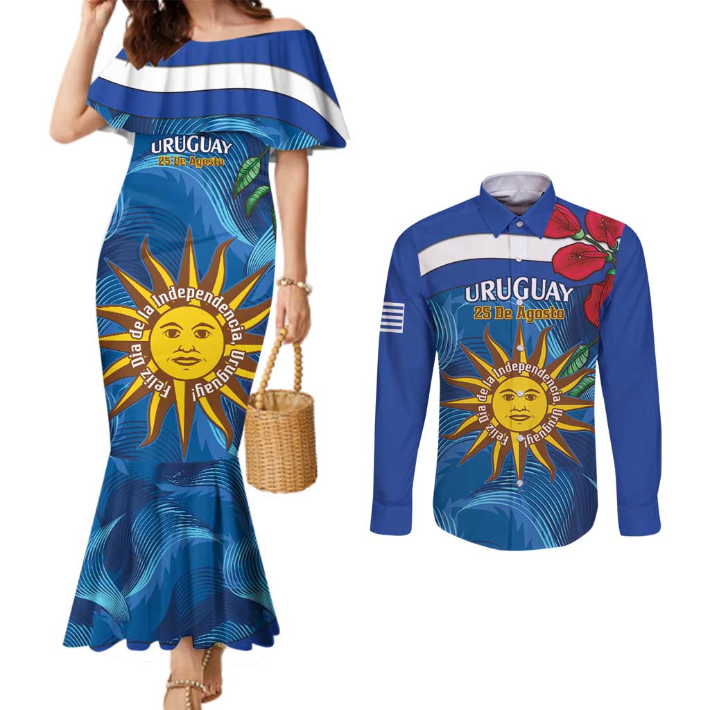 Uruguay Independence Day Couples Matching Mermaid Dress and Long Sleeve Button Shirt 25 De Agosto Coat Of Arms With Ceibo