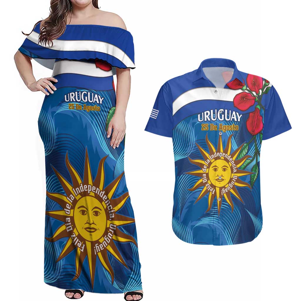 Uruguay Independence Day Couples Matching Off Shoulder Maxi Dress and Hawaiian Shirt 25 De Agosto Coat Of Arms With Ceibo - Wonder Print Shop