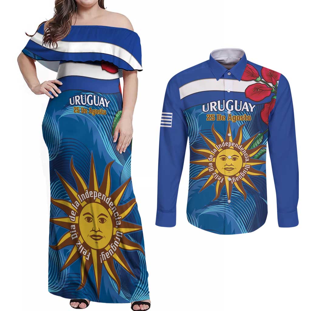 Uruguay Independence Day Couples Matching Off Shoulder Maxi Dress and Long Sleeve Button Shirt 25 De Agosto Coat Of Arms With Ceibo - Wonder Print Shop