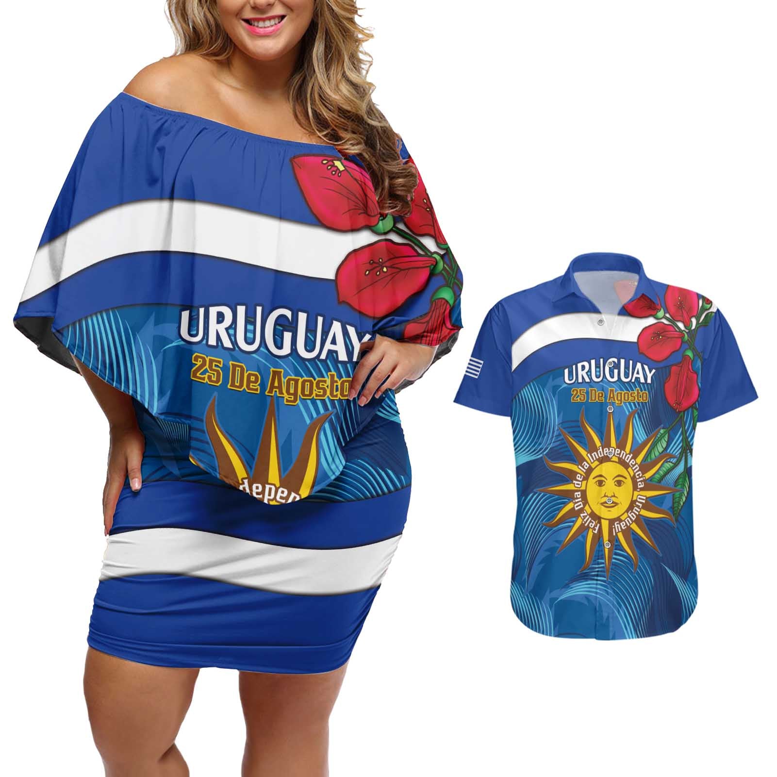 Uruguay Independence Day Couples Matching Off Shoulder Short Dress and Hawaiian Shirt 25 De Agosto Coat Of Arms With Ceibo - Wonder Print Shop