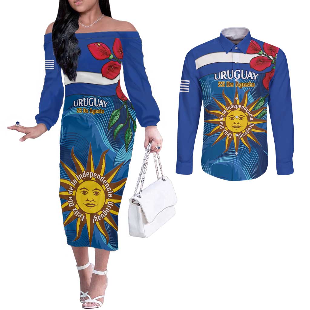 Uruguay Independence Day Couples Matching Off The Shoulder Long Sleeve Dress and Long Sleeve Button Shirt 25 De Agosto Coat Of Arms With Ceibo