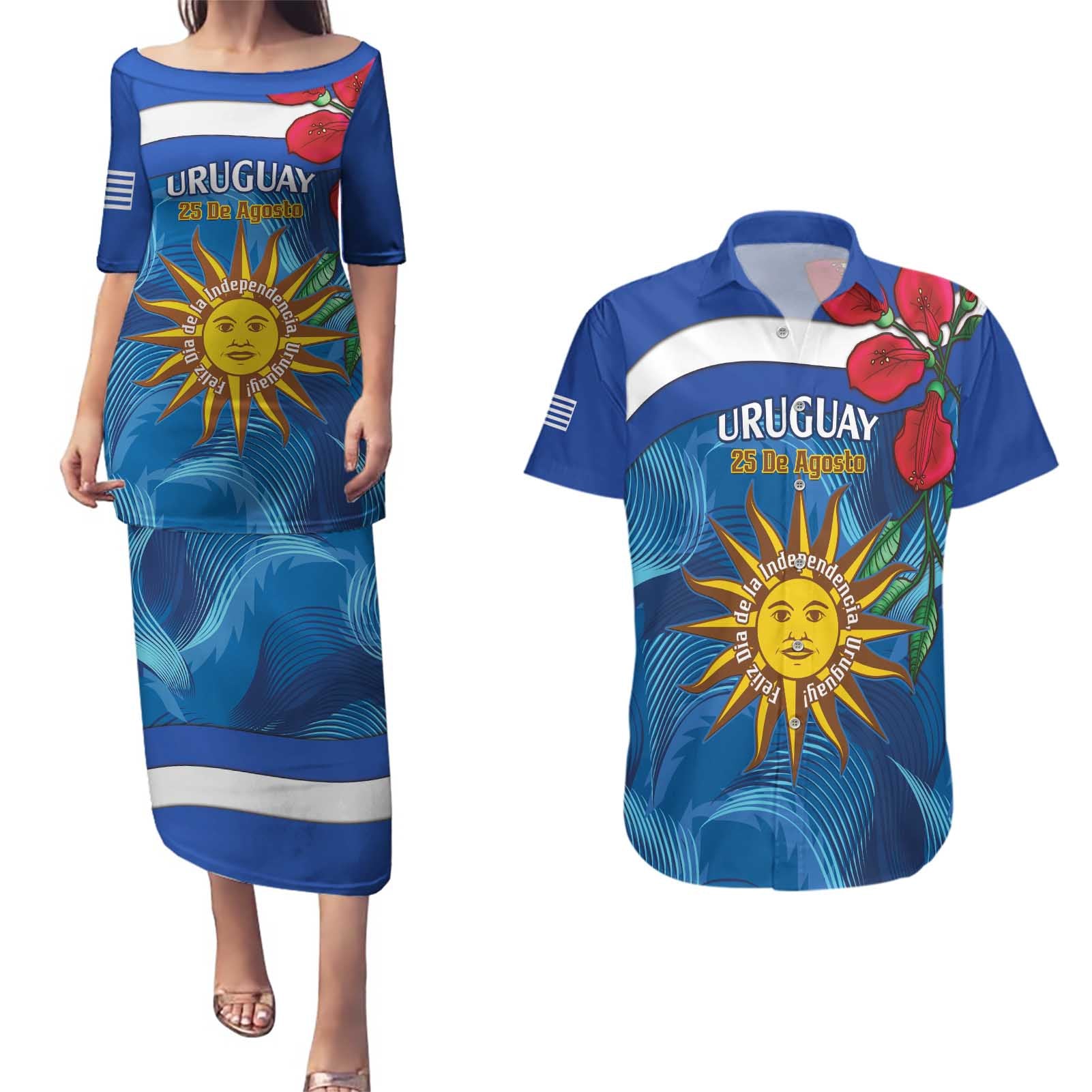 Uruguay Independence Day Couples Matching Puletasi and Hawaiian Shirt 25 De Agosto Coat Of Arms With Ceibo - Wonder Print Shop