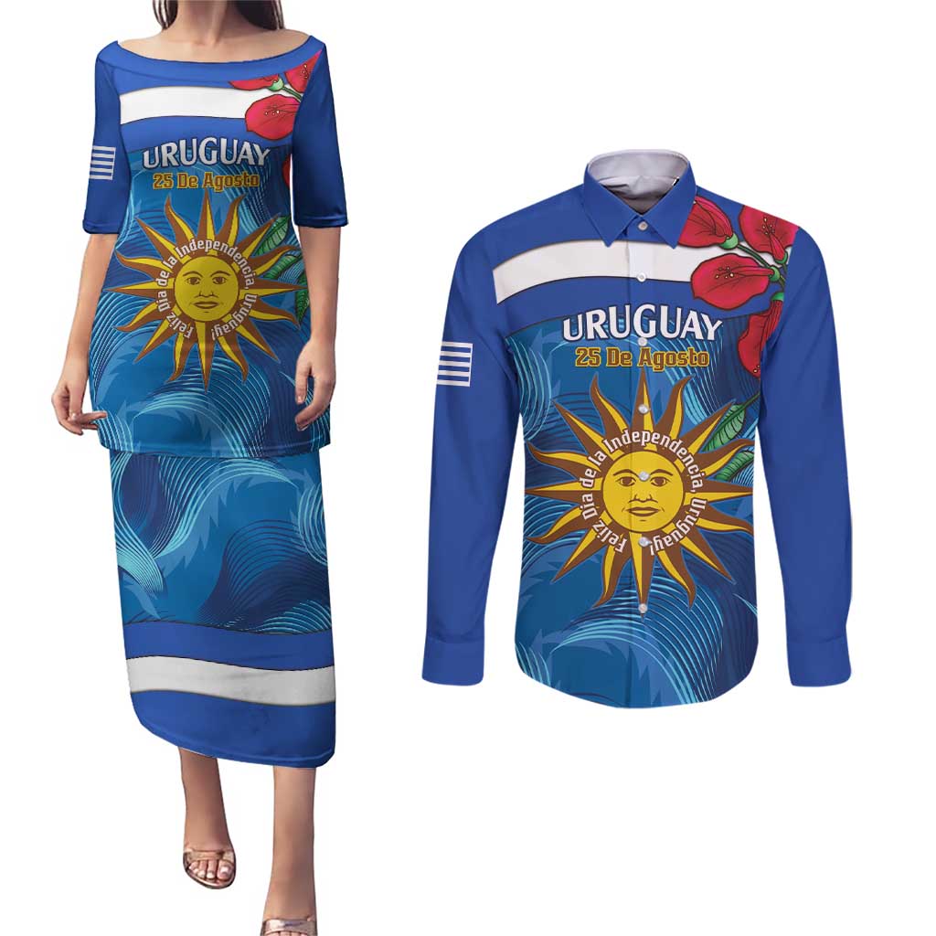 Uruguay Independence Day Couples Matching Puletasi and Long Sleeve Button Shirt 25 De Agosto Coat Of Arms With Ceibo - Wonder Print Shop