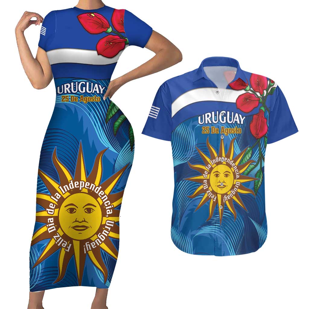 Uruguay Independence Day Couples Matching Short Sleeve Bodycon Dress and Hawaiian Shirt 25 De Agosto Coat Of Arms With Ceibo - Wonder Print Shop