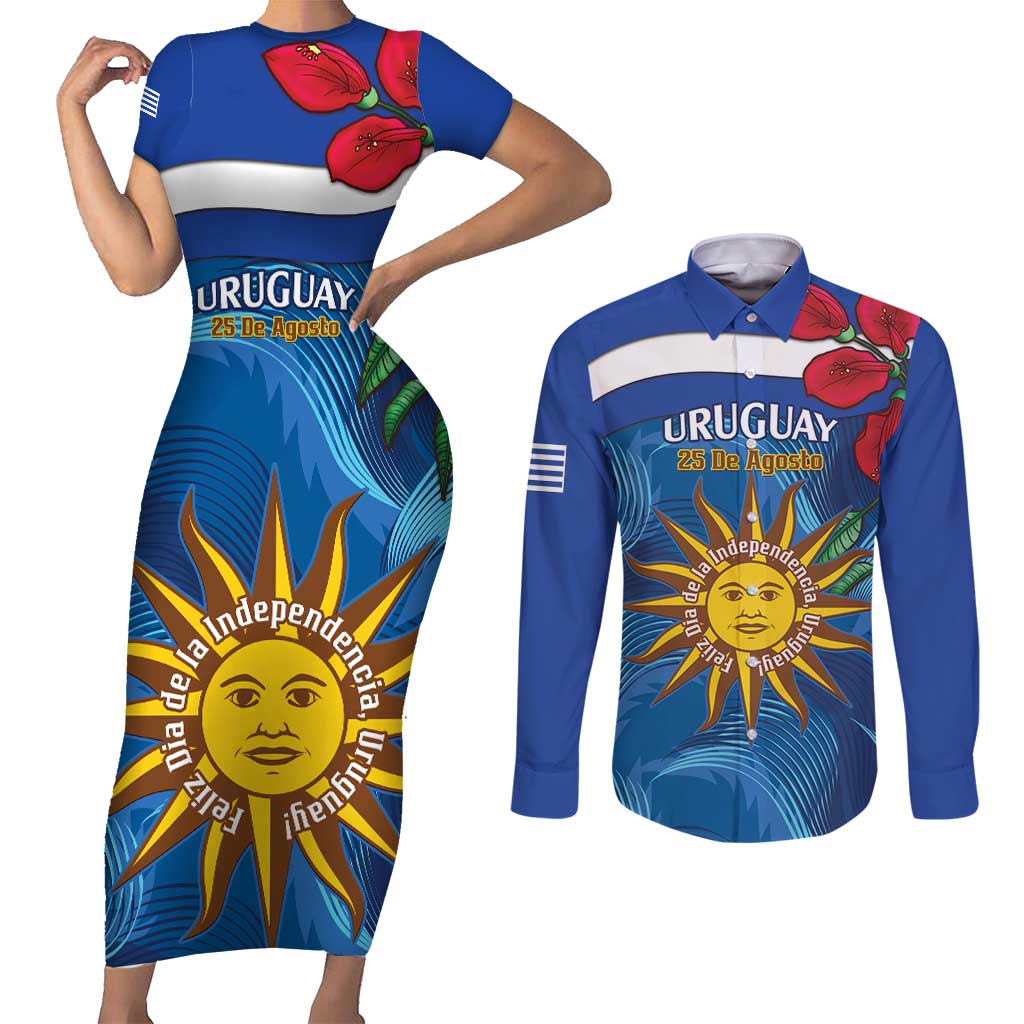 Uruguay Independence Day Couples Matching Short Sleeve Bodycon Dress and Long Sleeve Button Shirt 25 De Agosto Coat Of Arms With Ceibo - Wonder Print Shop