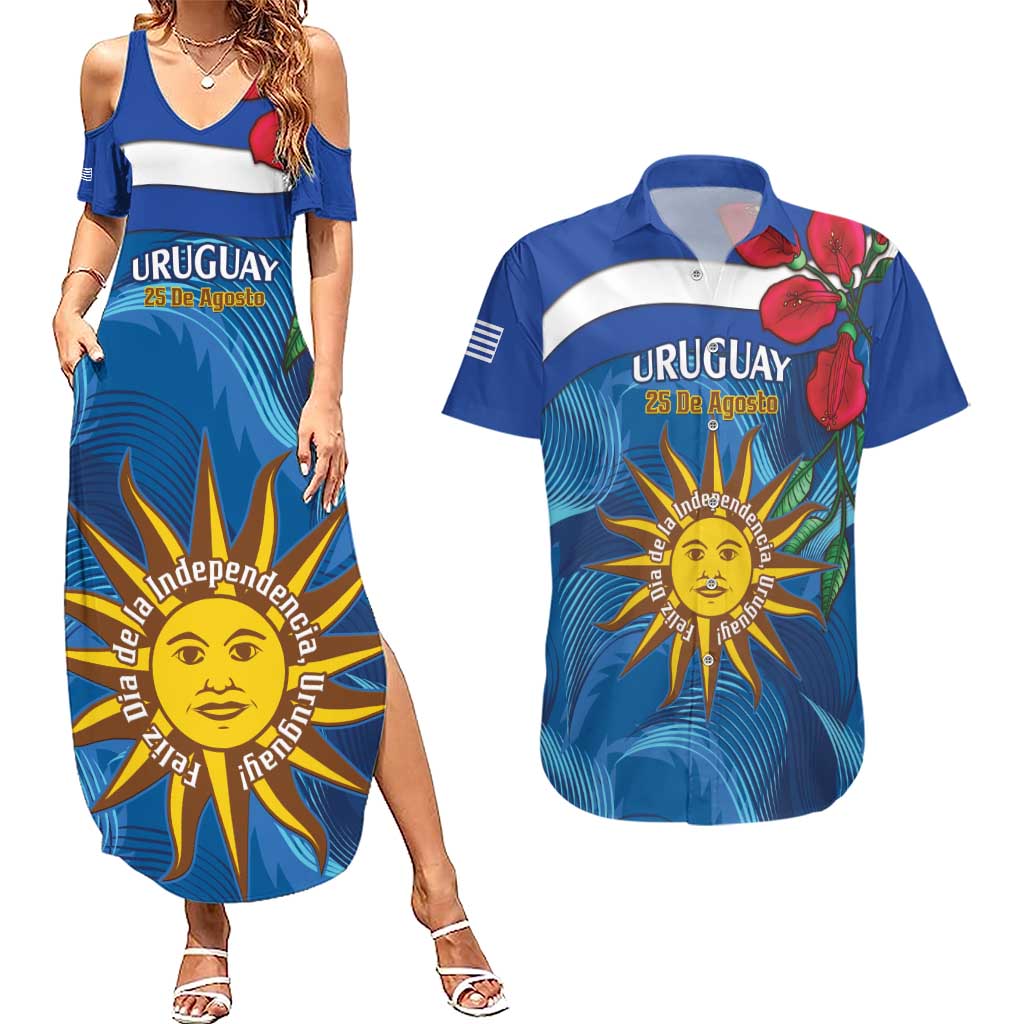 Uruguay Independence Day Couples Matching Summer Maxi Dress and Hawaiian Shirt 25 De Agosto Coat Of Arms With Ceibo - Wonder Print Shop