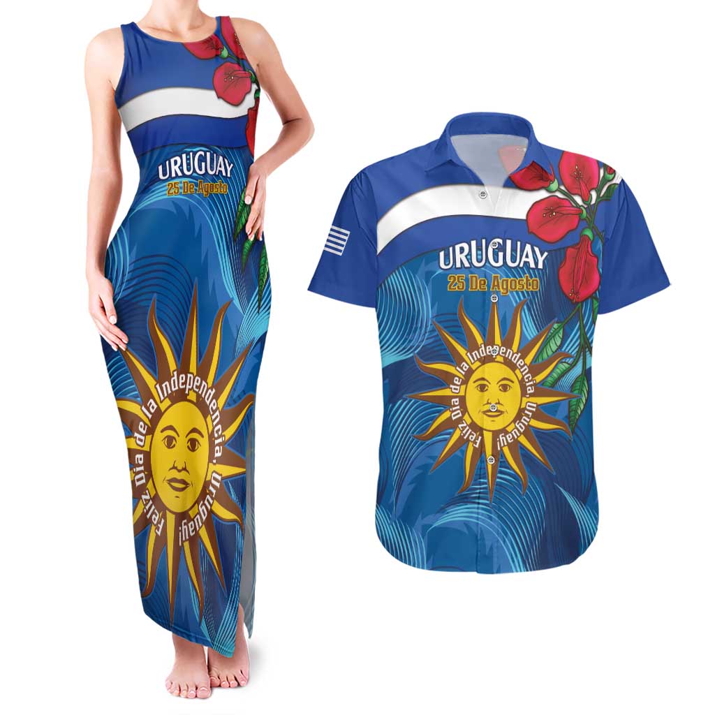 Uruguay Independence Day Couples Matching Tank Maxi Dress and Hawaiian Shirt 25 De Agosto Coat Of Arms With Ceibo - Wonder Print Shop