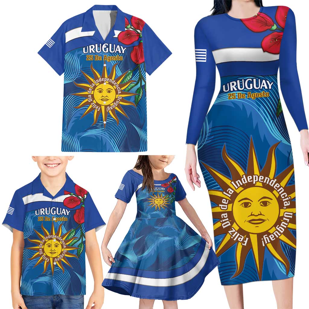 Uruguay Independence Day Family Matching Long Sleeve Bodycon Dress and Hawaiian Shirt 25 De Agosto Coat Of Arms With Ceibo - Wonder Print Shop