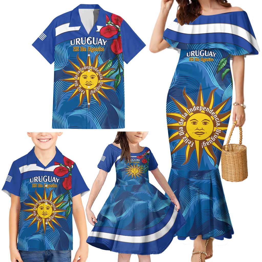 Uruguay Independence Day Family Matching Mermaid Dress and Hawaiian Shirt 25 De Agosto Coat Of Arms With Ceibo - Wonder Print Shop