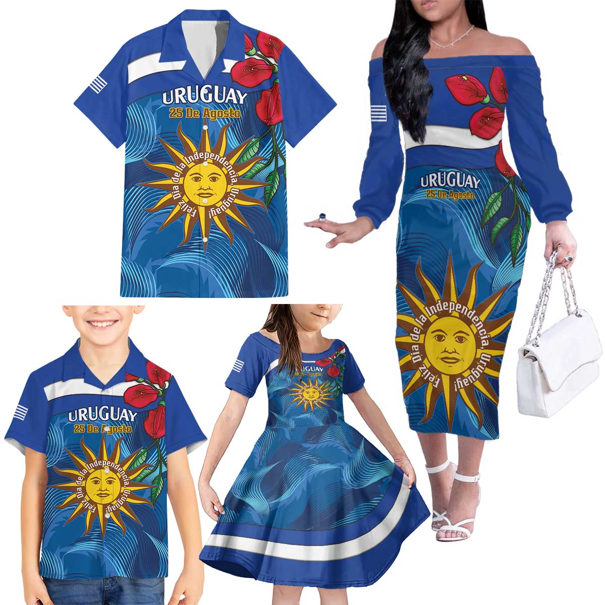 Uruguay Independence Day Family Matching Off The Shoulder Long Sleeve Dress and Hawaiian Shirt 25 De Agosto Coat Of Arms With Ceibo - Wonder Print Shop