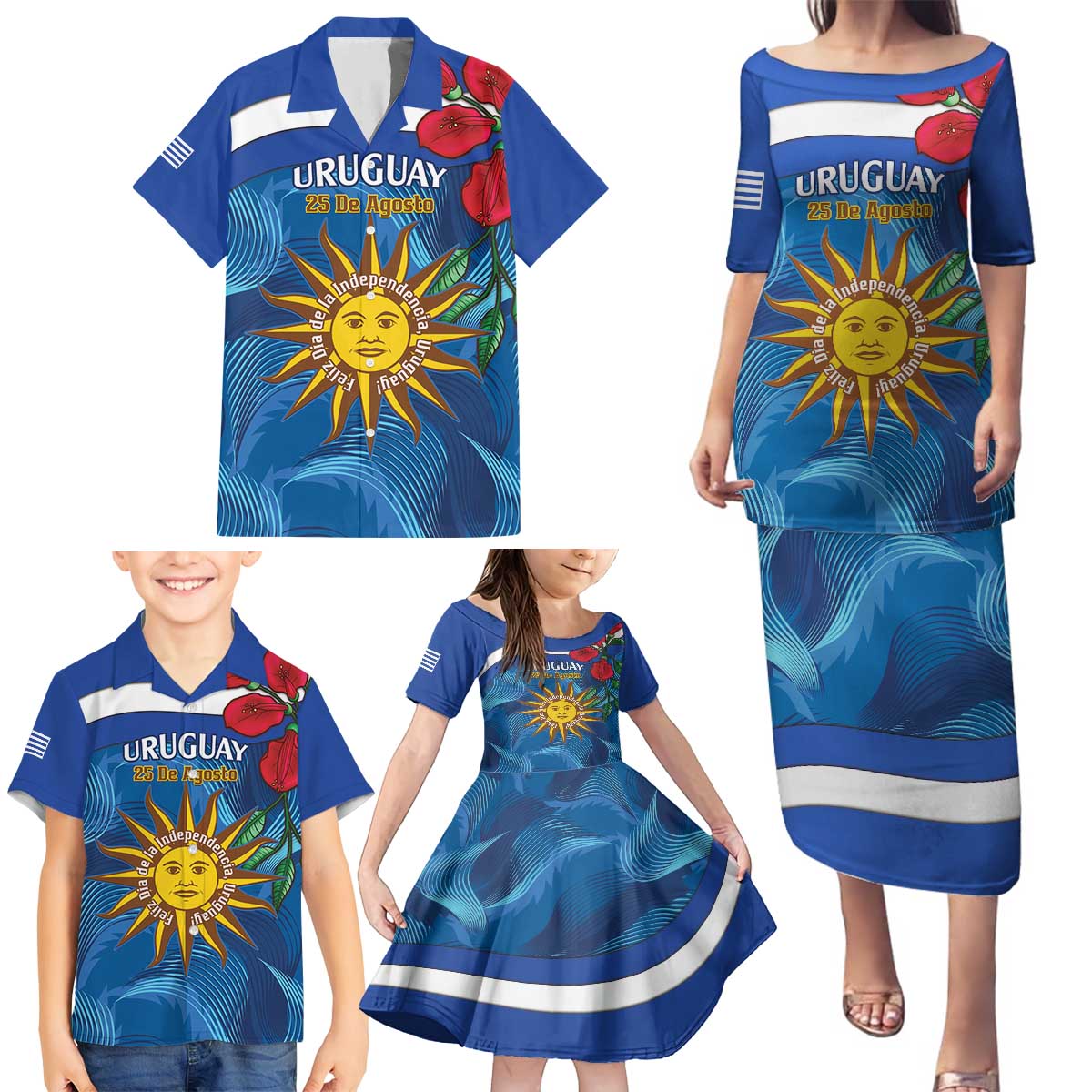 Uruguay Independence Day Family Matching Puletasi and Hawaiian Shirt 25 De Agosto Coat Of Arms With Ceibo - Wonder Print Shop