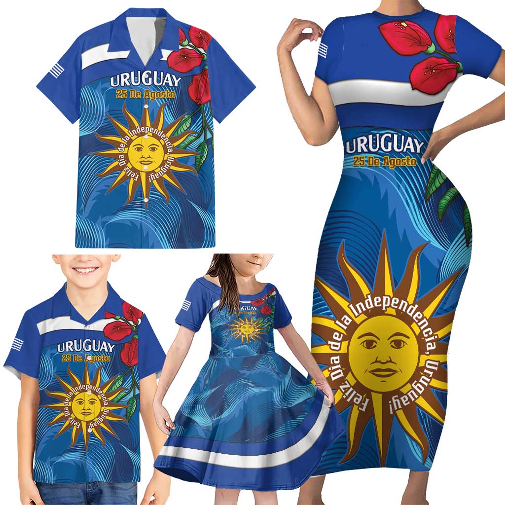 Uruguay Independence Day Family Matching Short Sleeve Bodycon Dress and Hawaiian Shirt 25 De Agosto Coat Of Arms With Ceibo - Wonder Print Shop