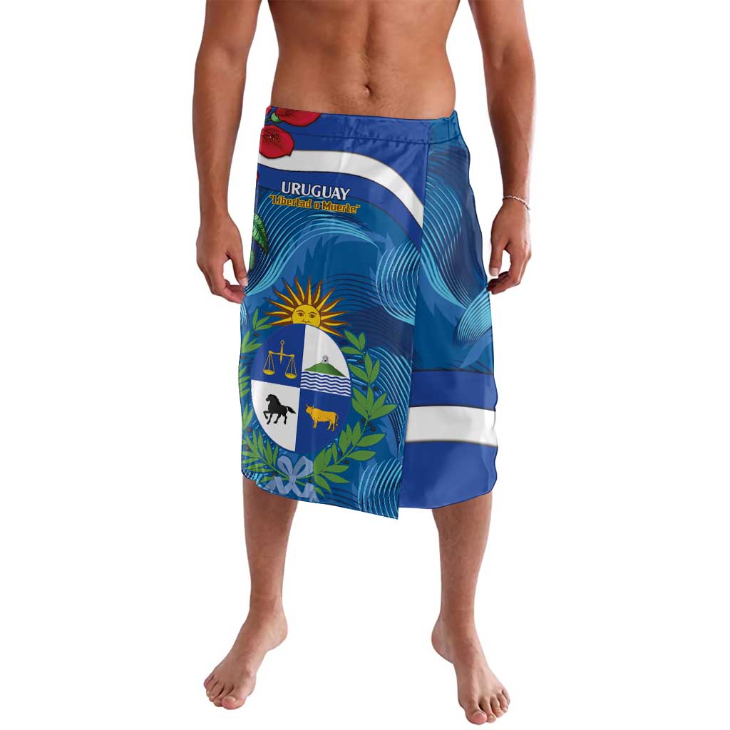 Blue Uruguay flag print shorts with crest, ceibo flower, and leaf design