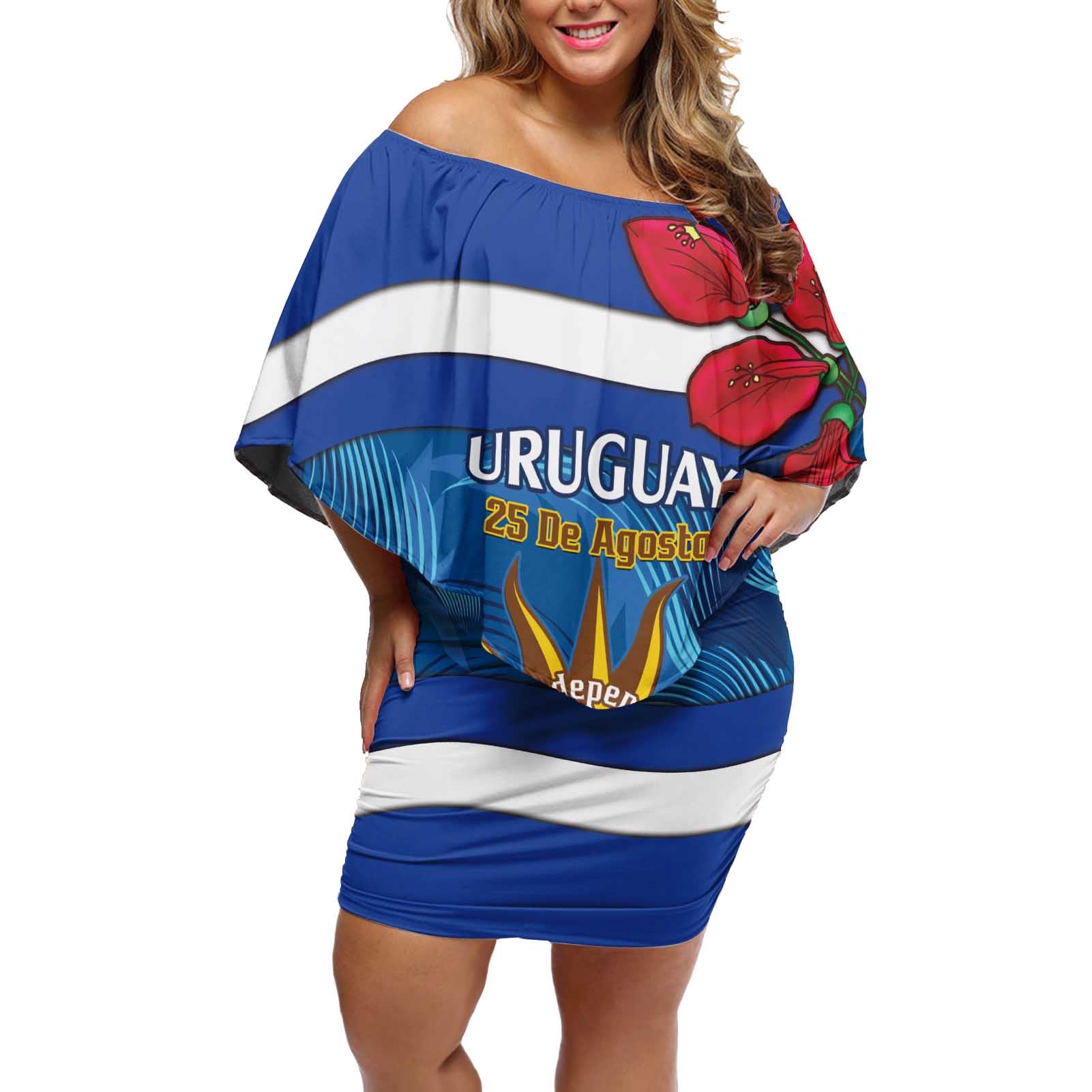 Uruguay Independence Day Off Shoulder Short Dress 25 De Agosto Coat Of Arms With Ceibo - Wonder Print Shop