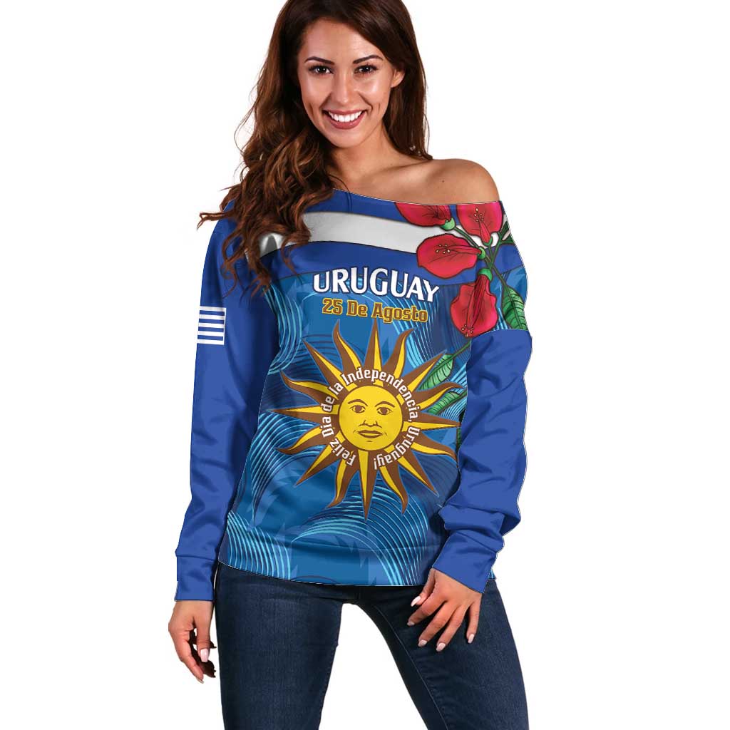 Uruguay Independence Day Off Shoulder Sweater 25 De Agosto Coat Of Arms With Ceibo - Wonder Print Shop