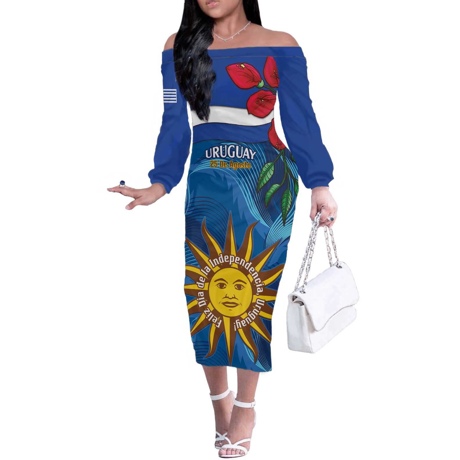 Uruguay Independence Day Off The Shoulder Long Sleeve Dress 25 De Agosto Coat Of Arms With Ceibo - Wonder Print Shop