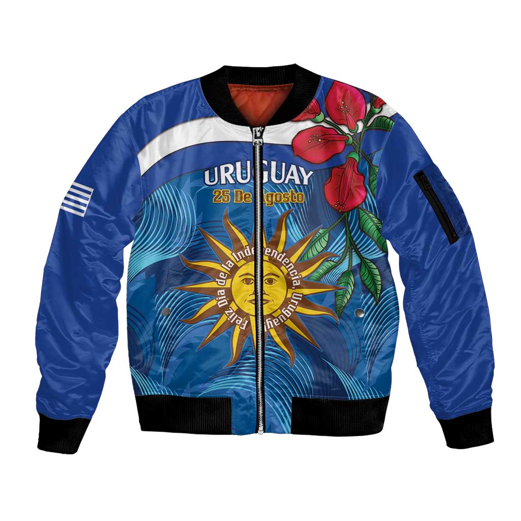 Uruguay Independence Day Sleeve Zip Bomber Jacket 25 De Agosto Coat Of Arms With Ceibo - Wonder Print Shop