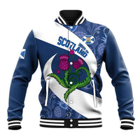 Blue and white baseball varsity jacket with hood, ribbed trim, thistle crest front