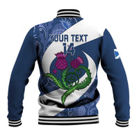 Blue and white baseball varsity jacket with hood, ribbed trim, thistle crest back