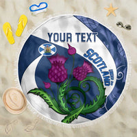 Round beach blanket, printed crest with 'YOUR TEXT' and purple thistles, white fringe
