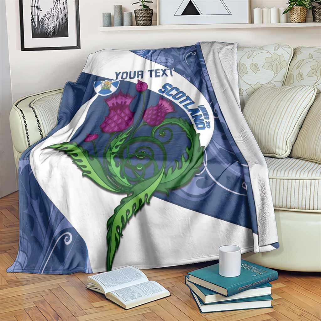 Blue and white rugby blanket with thistle floral print and Your Text placeholder