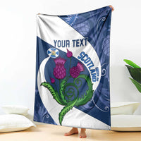 Blue and white rugby blanket shown upright with thistle artwork and Scotland text