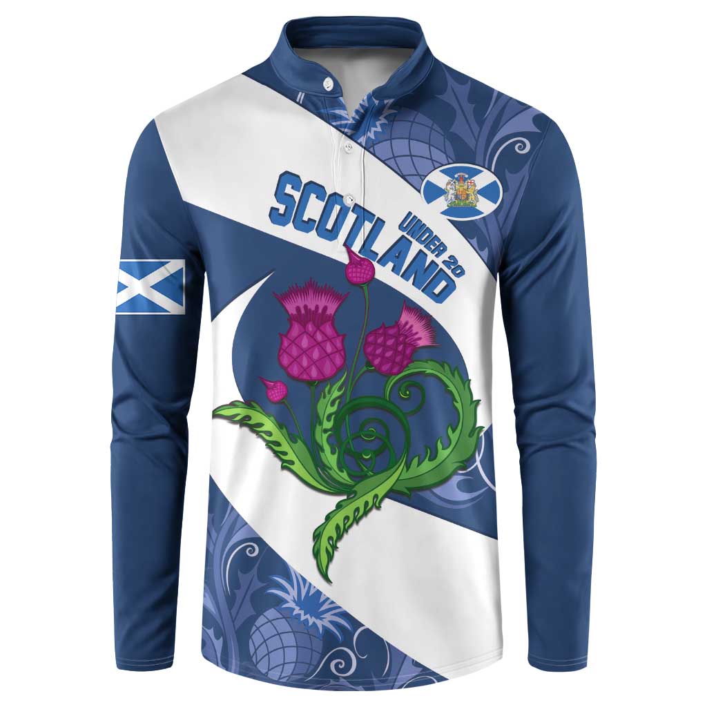 Blue rugby button sweatshirt with Scotland front graphic, long sleeves, crest patch