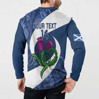 Blue and white rugby button sweatshirt back 'YOUR TEXT 14' thistle graphic