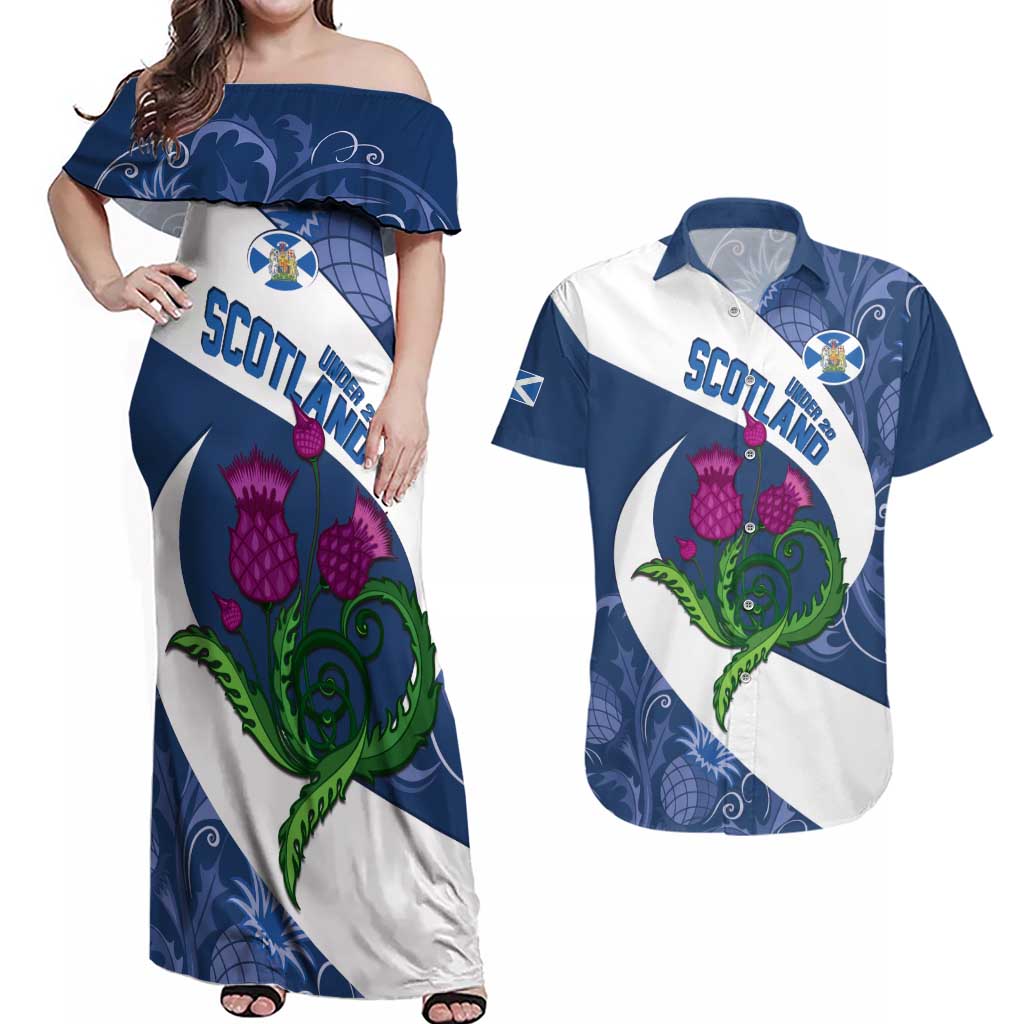 Custom Scotland Rugby Couples Matching Off Shoulder Maxi Dress and Hawaiian Shirt 2024 Go Champions Scottish Thistles - Wonder Print Shop