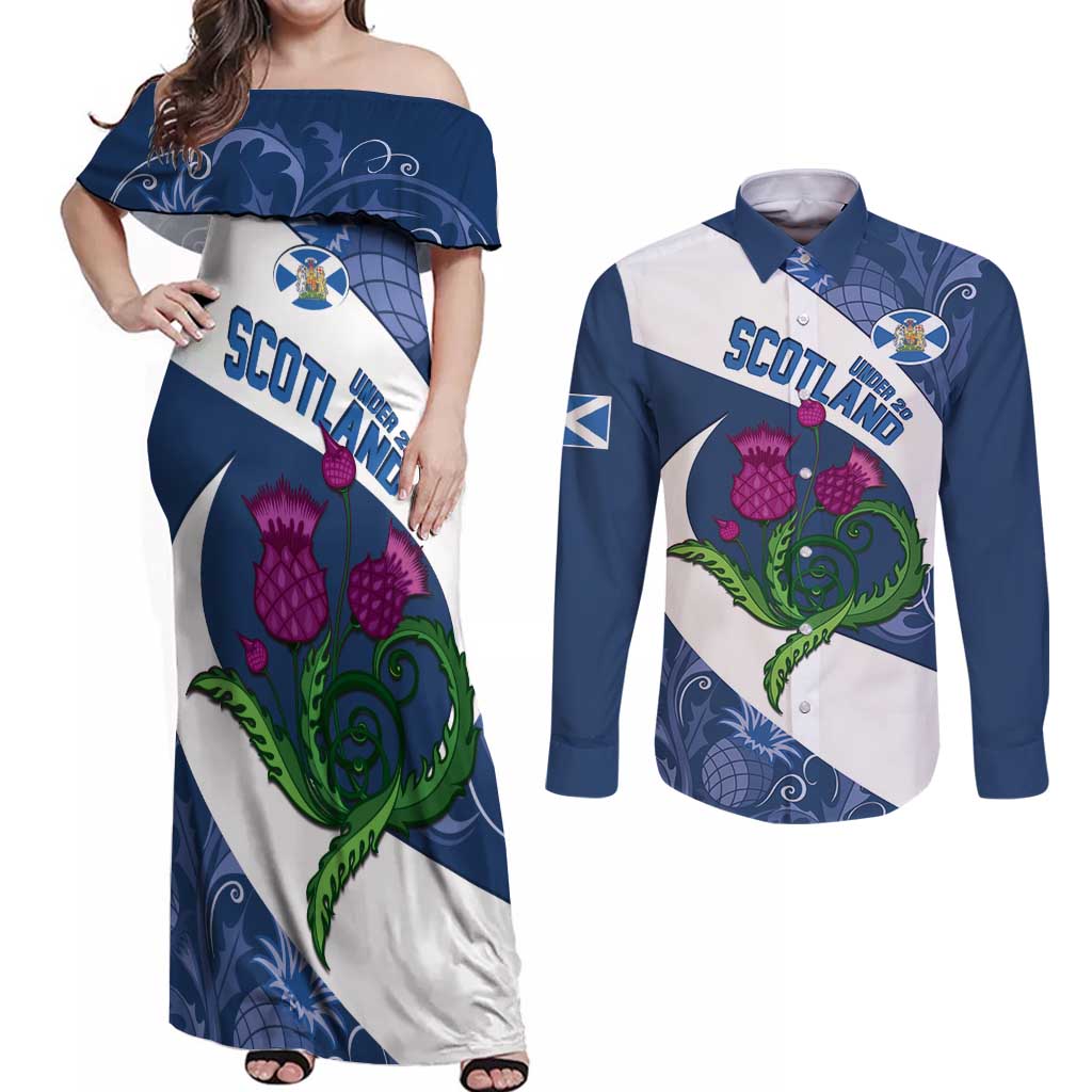 Custom Scotland Rugby Couples Matching Off Shoulder Maxi Dress and Long Sleeve Button Shirt 2024 Go Champions Scottish Thistles - Wonder Print Shop