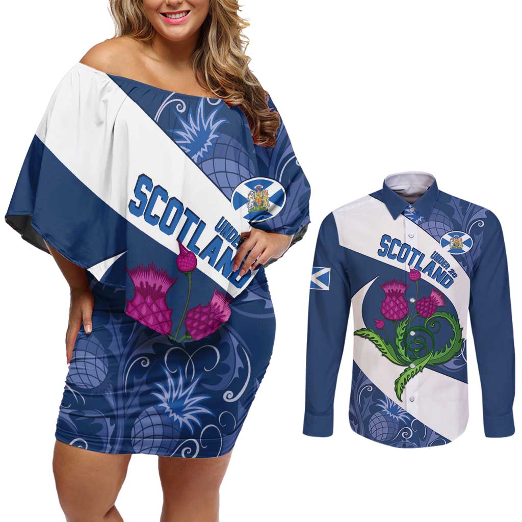 Custom Scotland Rugby Couples Matching Off Shoulder Short Dress and Long Sleeve Button Shirt 2024 Go Champions Scottish Thistles - Wonder Print Shop