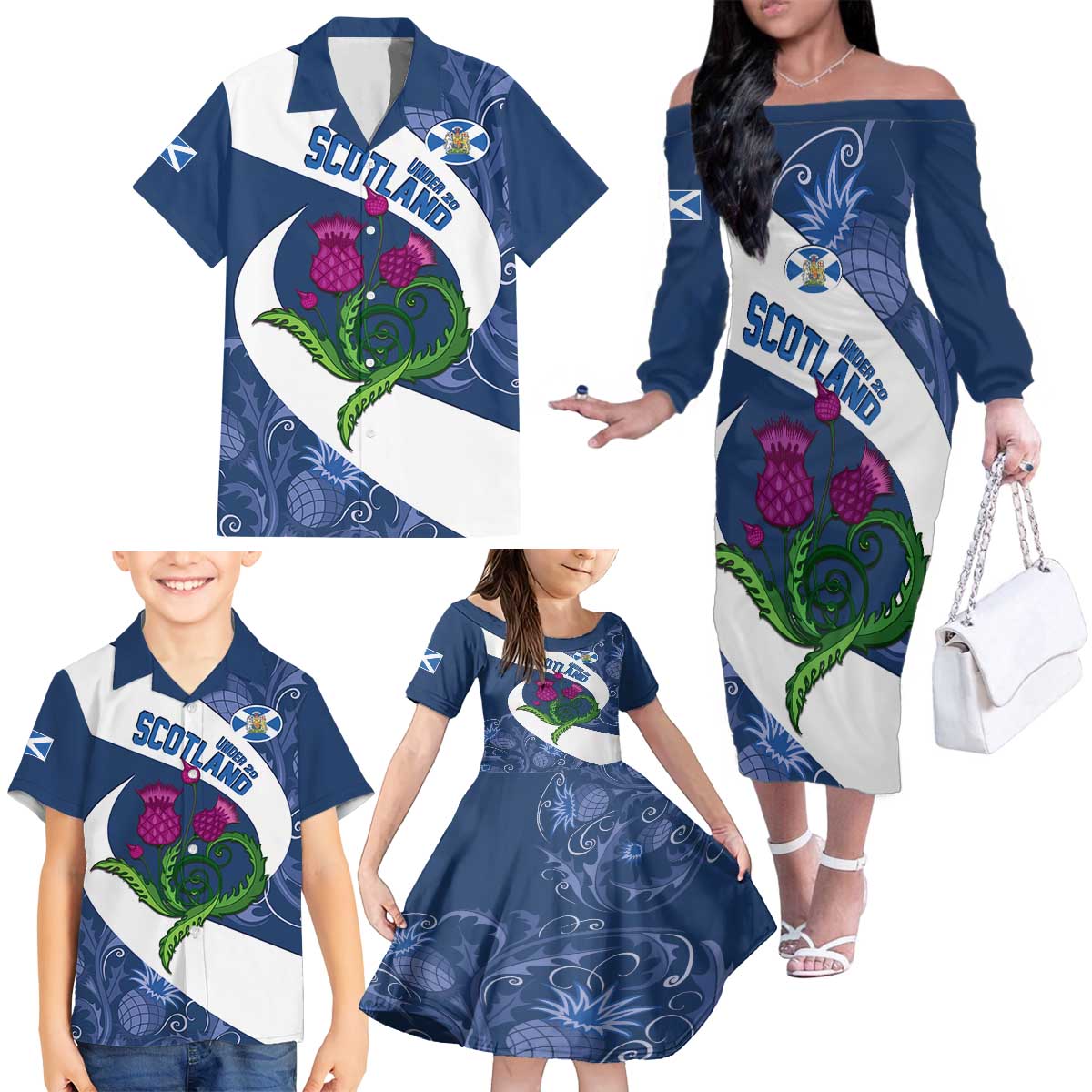 Custom Scotland Rugby Family Matching Off The Shoulder Long Sleeve Dress and Hawaiian Shirt 2024 Go Champions Scottish Thistles - Wonder Print Shop