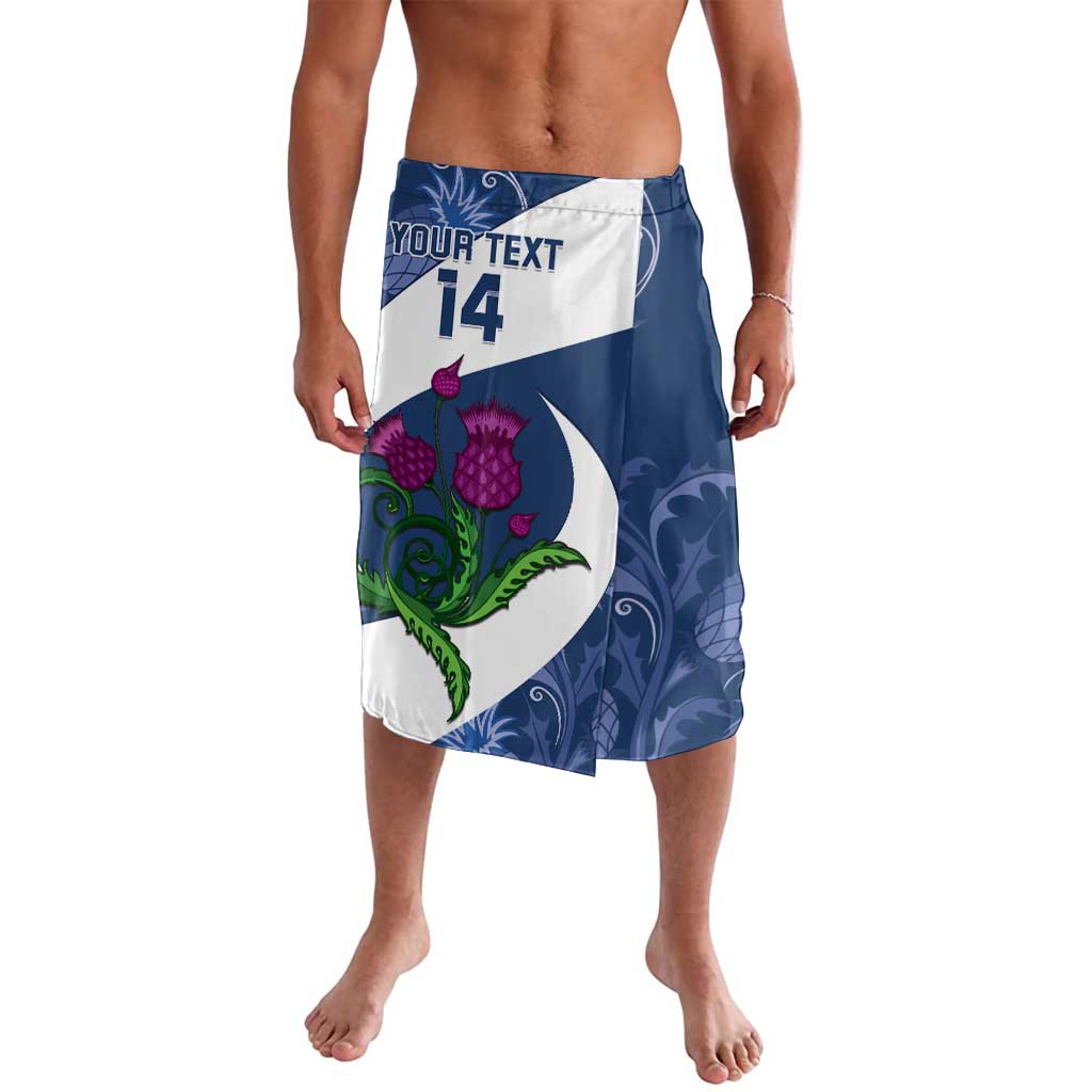 Blue rugby lavalava shorts with white panel, thistle graphic, and number 14