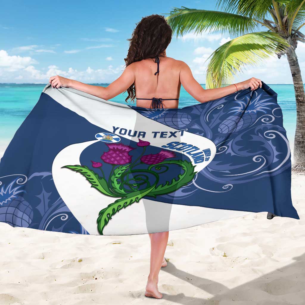 Blue Scotland-themed sarong showing rear design with your text and thistle crest