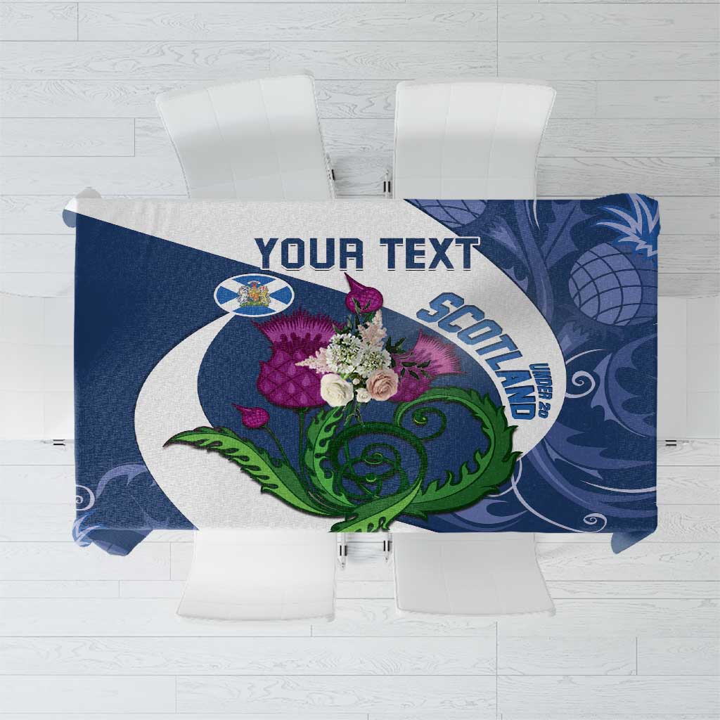 Blue custom tablecloth with Scotland crest, thistle graphic, and 'YOUR TEXT' area
