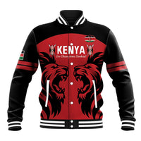 Red and black varsity baseball jacket with Kenya crest, lions graphics, snap button front.