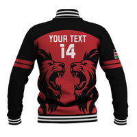 Back view red and black baseball jacket with lions, “YOUR TEXT” and number 14, ribbed hem.